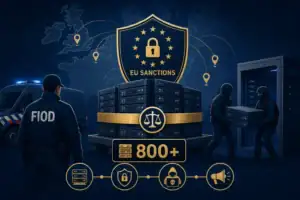 Оперативники извлекают серверы в рамках рейда по санкциям ЕС.