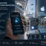Apple announces improved privacy features in a futuristic urban setting.