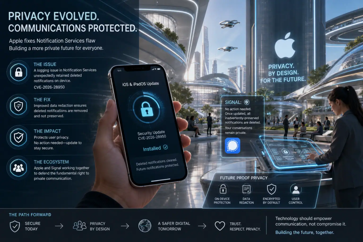 Apple announces improved privacy features in a futuristic urban setting.