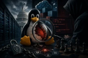 Tux the penguin showcases a cracked shell with circuitry beneath, symbolizing hacking.