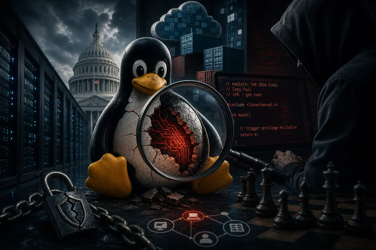 Tux-Pinguin mit Lupe, Ketten und Hacker-Symbolik vor US-Kapitol.