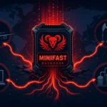 Graphic showing 'MINIFAST Backdoor' with global cyber threats visually represented.