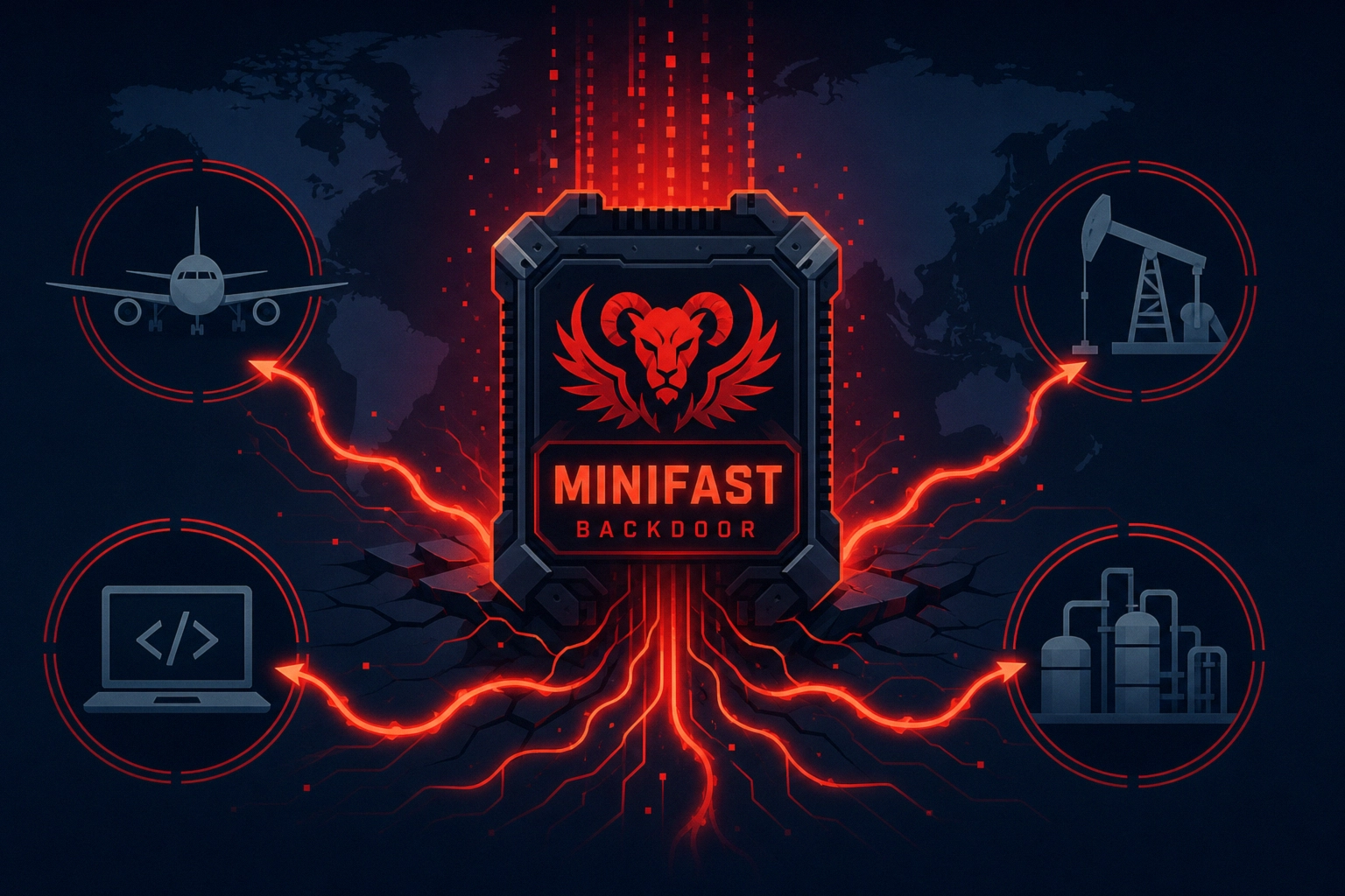 Graphic showing 'MINIFAST Backdoor' with global cyber threats visually represented.