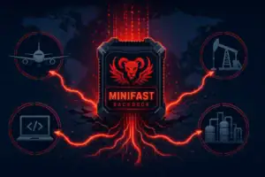 Логотип Minifast Backdoor с элементами, связанными с технологиями и энергетикой.