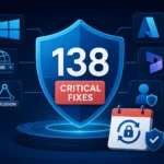 Shield graphic featuring "138 Critical Fixes" for Microsoft software updates.