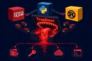 Ilustración de un ataque de cadena de suministro que afecta a npm, PyPI y Rust.