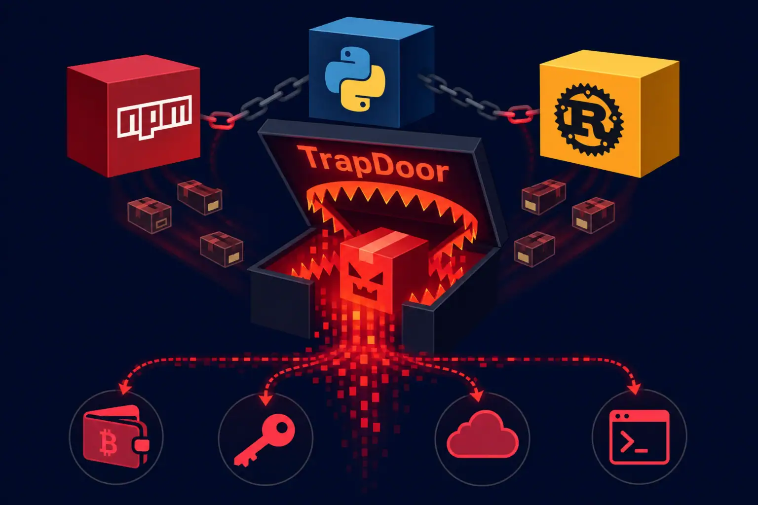 Grafische Darstellung einer Cyberangriff-Infografik zu TrapDoor und Paketmanagern.