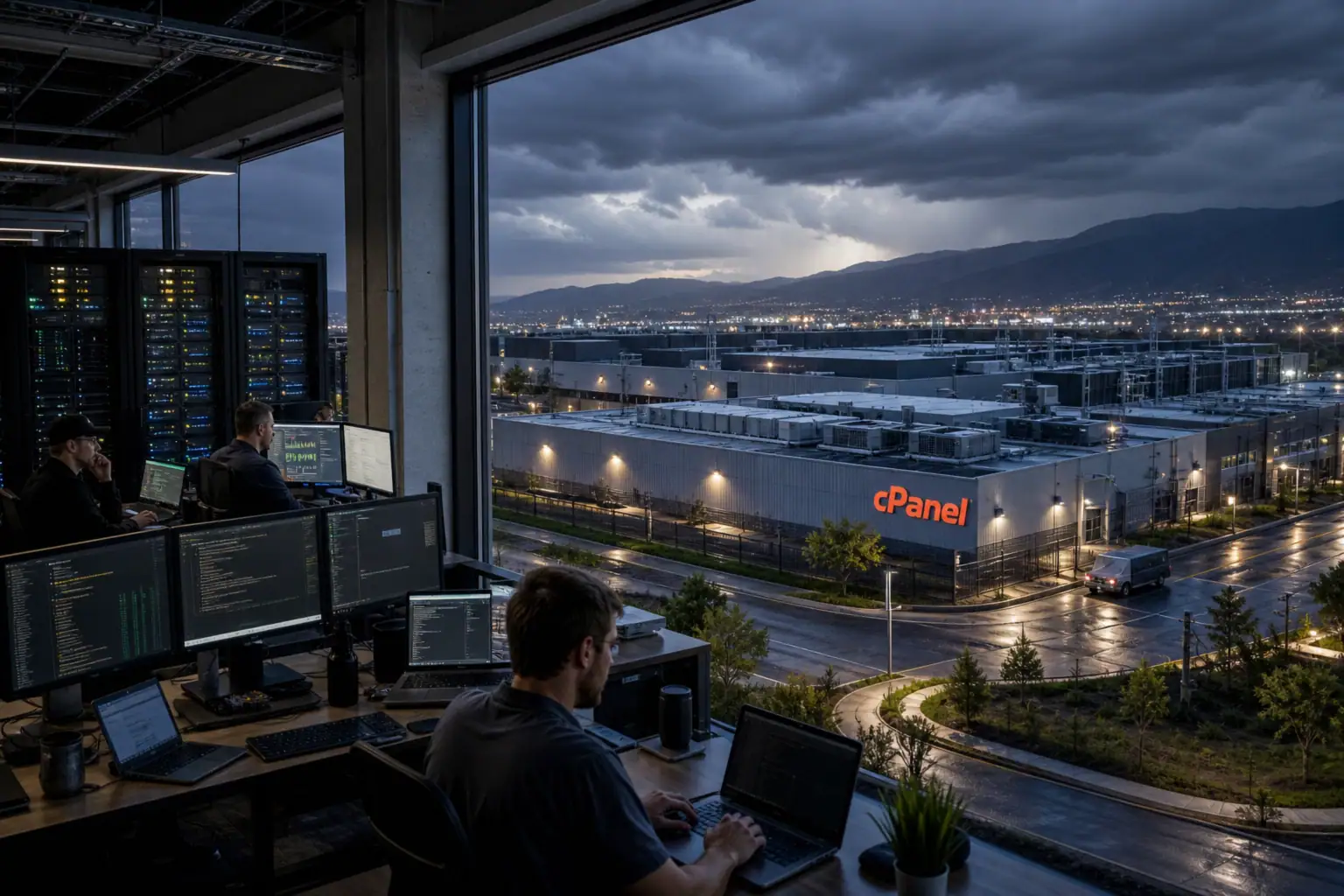 Vista nocturna de un centro de datos con techo de cristal y pantallas de trabajo.