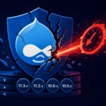 Blue shield with Drupal logo cracking under a red beam, signifying security alert.
