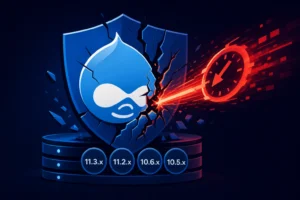 Blue shield with Drupal logo cracking under a red beam, signifying security alert.
