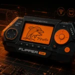 Flipper One — концептуальный рендер портативного компьютера на Linux с оранжевым экраном, дельфином-маскотом, индикаторами ETH0, WiFi, 5G и надписью Portable Linux Computer на фоне печатных плат