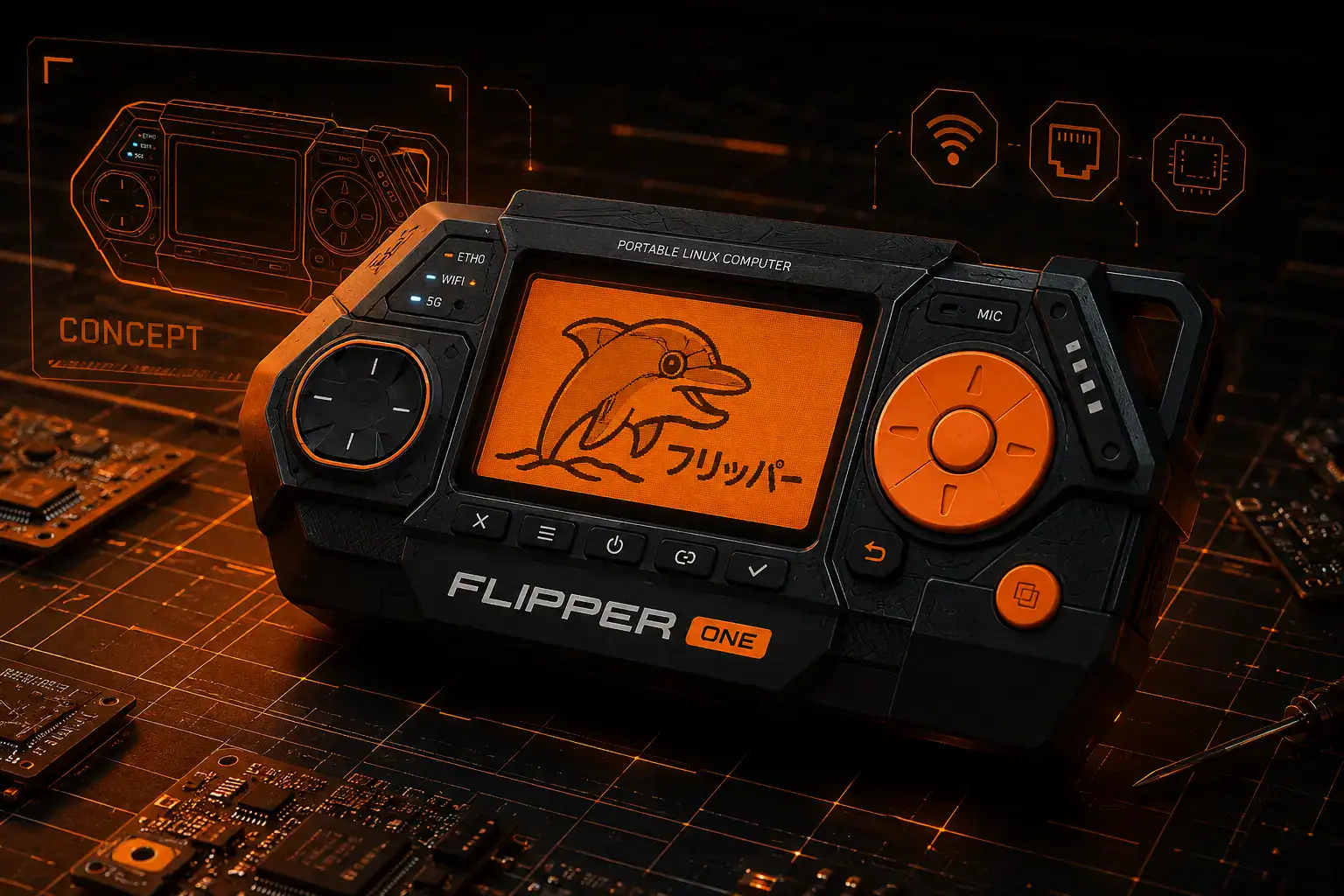 Flipper One concept render — portable Linux computer with orange display, dolphin mascot, ETH0, WiFi, and 5G indicators, set against a circuit board background