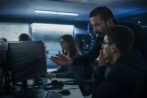 Two colleagues discussing code in a dimly lit tech workspace.