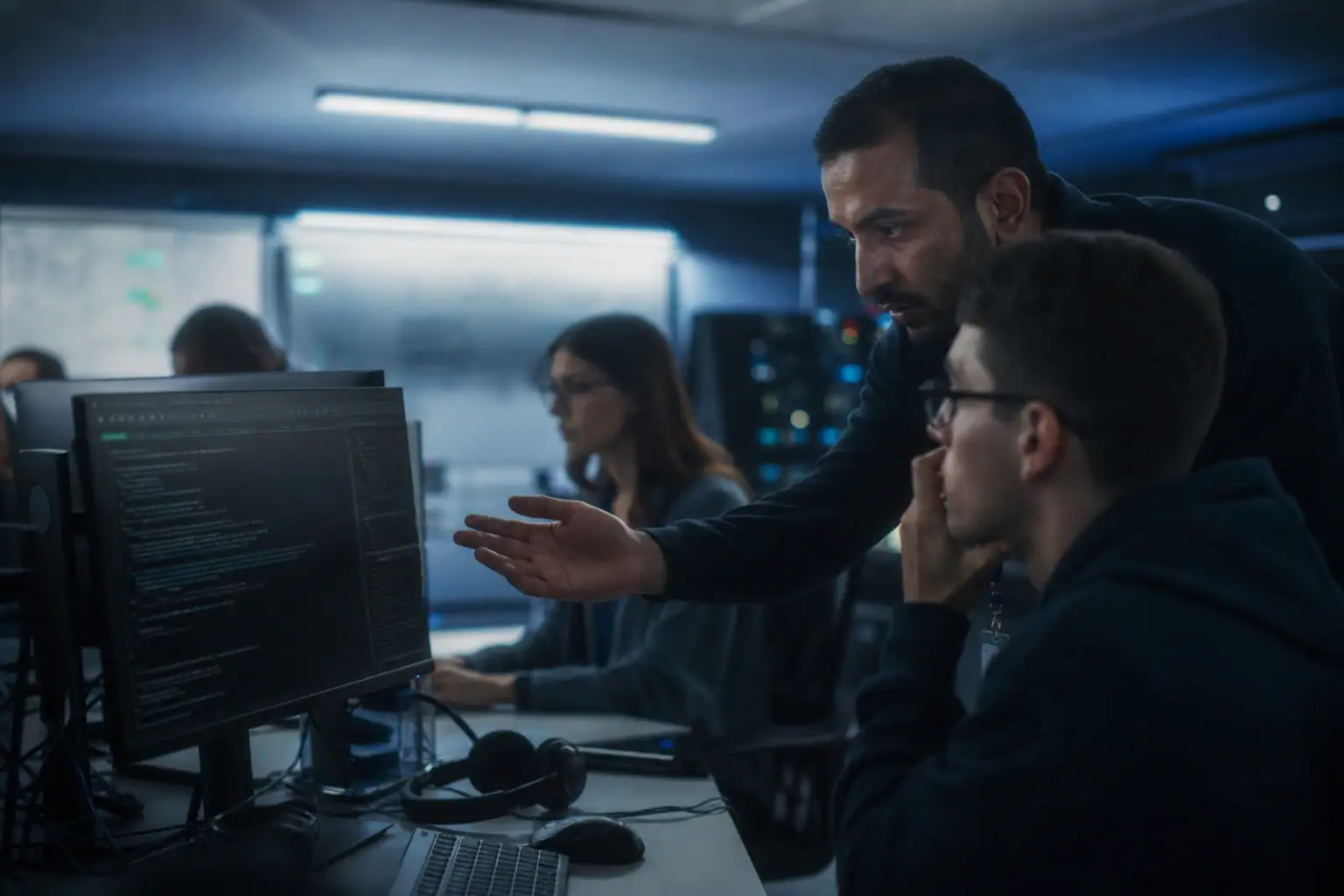 Two colleagues discussing code in a dimly lit tech workspace.