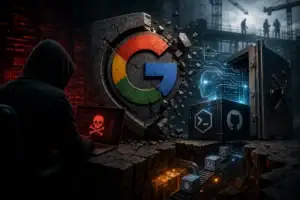 Hacker working on a laptop, surrounded by tech symbols and a shattered Google logo.
