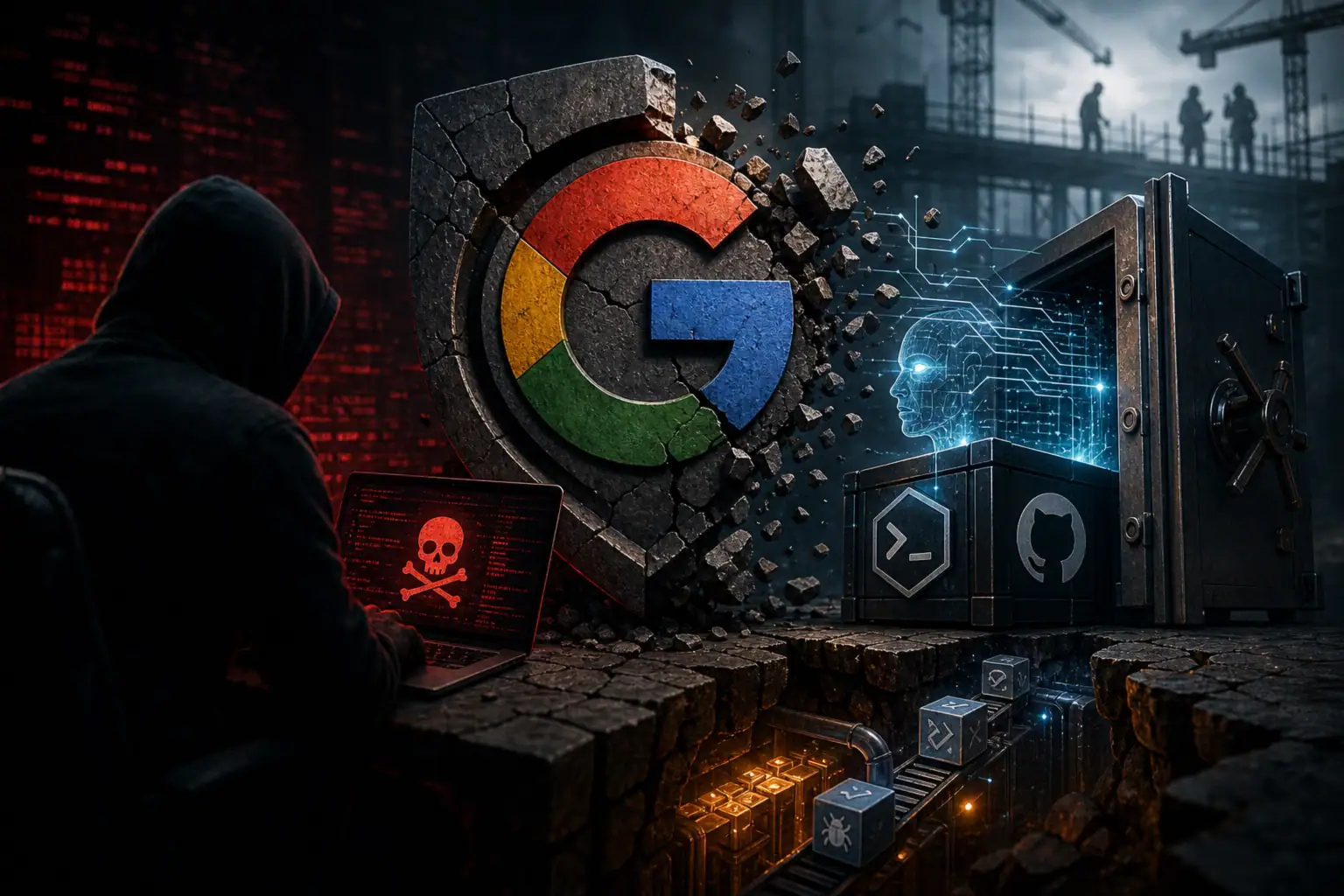 Hacker working on a laptop, surrounded by tech symbols and a shattered Google logo.