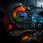 Хакер працює над комп'ютером, перед ним логотип Google та електронний сейф.