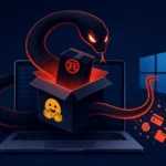 Snake emerging from a box on a laptop, representing a cybersecurity threat.