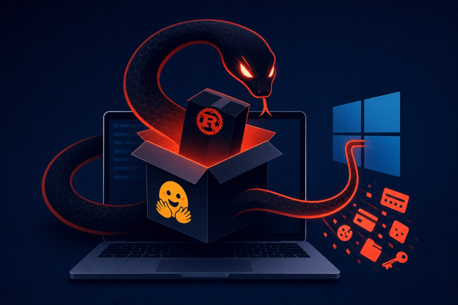 Snake emerging from a box on a laptop, representing a cybersecurity threat.