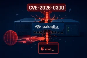 Palo Alto firewall with error message illustrating CVE-2026-0300 vulnerability.
