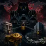 Dark digital art depicting a cat controlling hackers with Bitcoin and money laundering themes.