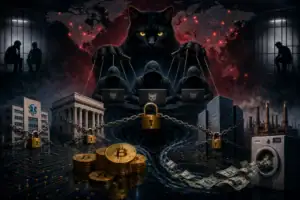 Künstliche Manipulation einer globalen Cyberkriminalität mit Kryptowährung und Schattenfiguren.