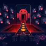 Illustration depicting Android ad fraud with download icons and coins.