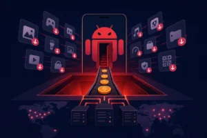 Illustration depicting Android ad fraud with download icons and coins.