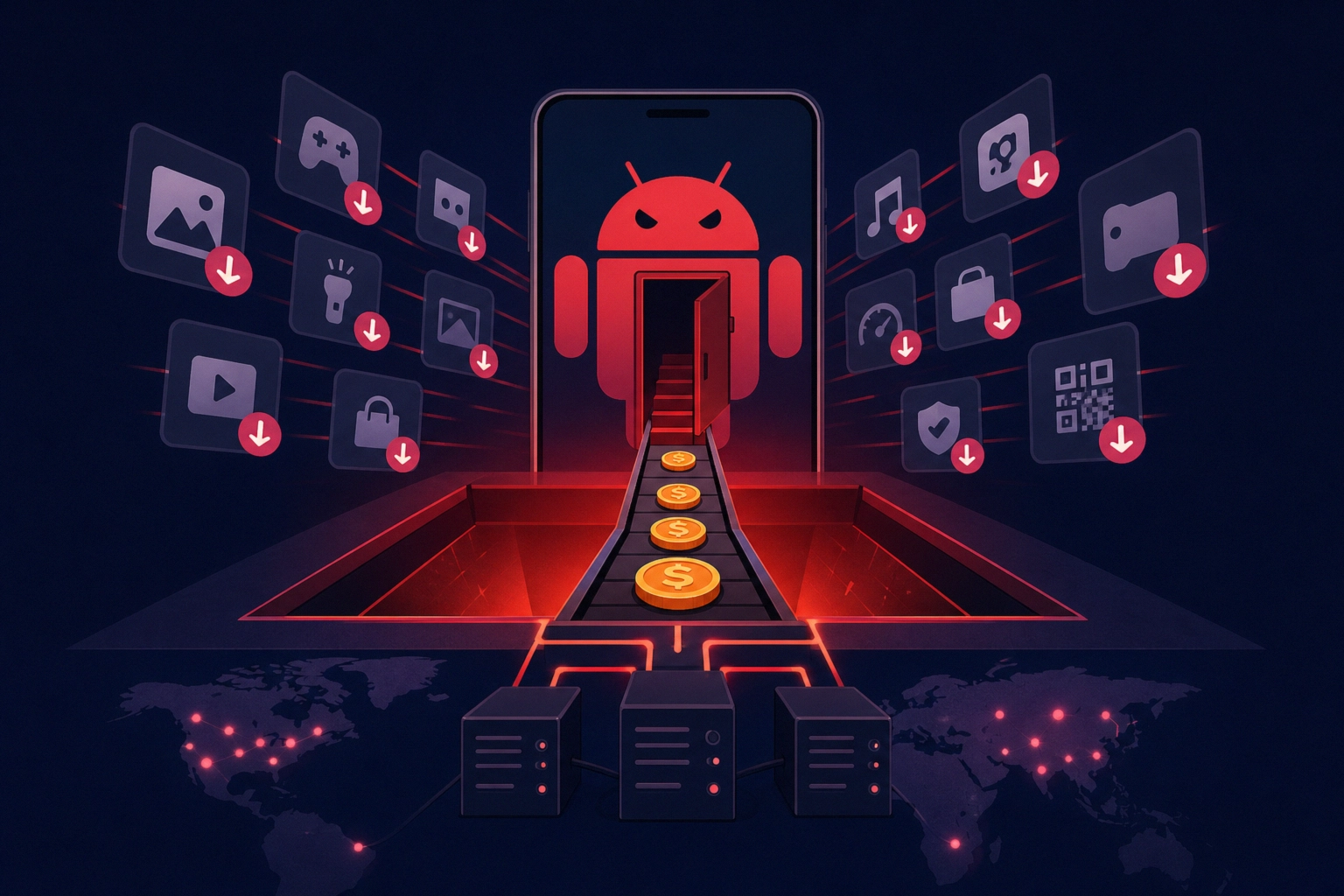 Illustration depicting Android ad fraud with download icons and coins.