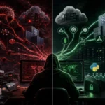 Dualidad entre ciberseguridad y ciberamenazas en un entorno digital oscuro.