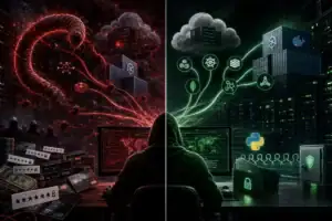 Visualisierung des skurrilen Kampfes zwischen Cyberkriminalität und Cybersicherheit.