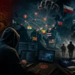 Hacker steuert Cyberaktivitäten mit Weltkarte und Länderflaggen.