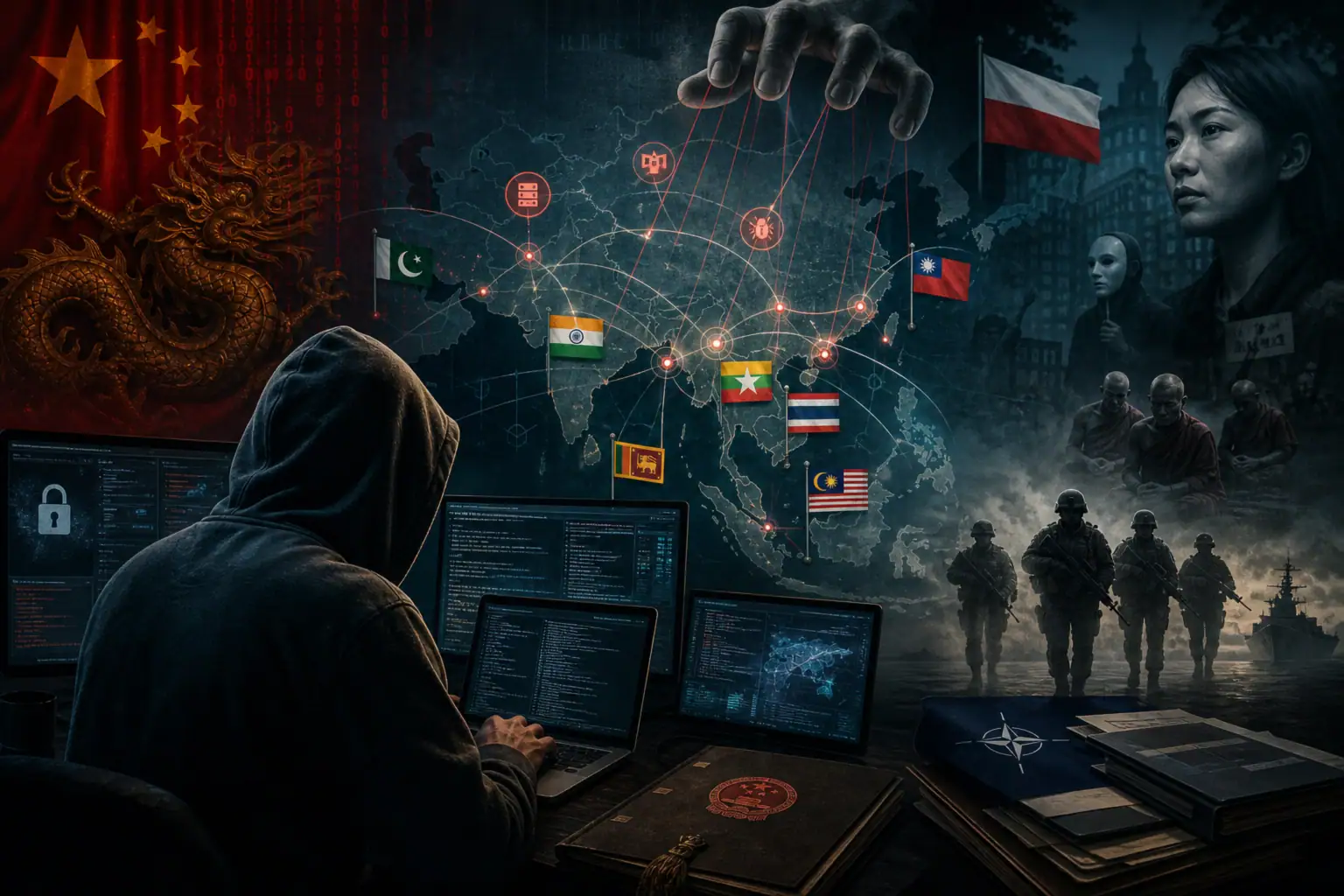 ** Hacker operando en múltiples pantallas bajo un fondo de amenazas cibernéticas.