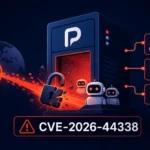 Visual representation of CVE-2026-44338 with robots and security elements.