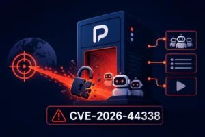 Visual representation of CVE-2026-44338 with robots and security elements.