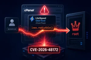 Visual representation of a critical security vulnerability in LiteSpeed cPanel.