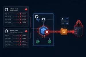 Diagram illustrating a GitHub Actions supply chain attack with commits.