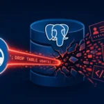 Drupal-Logo und PostgreSQL-Datenbank mit SQL-Injection-Angriff.