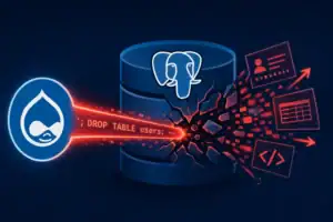 Логотип Drupal атакует базу данных PostgreSQL с SQL-инъекцией.