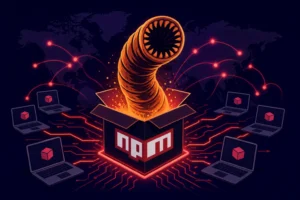 Illustration depicting a digital worm emerging from an npm package box, symbolizing threats.