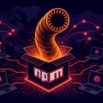 Зловещий червь выбивается из коробки с логотипом npm на фоне технологий.