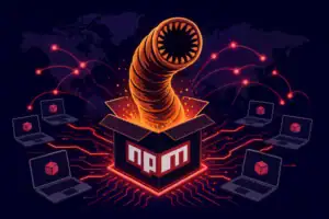 Roter Wurm aus einer Box, umgeben von Laptops und Netzwerkverbindungen.