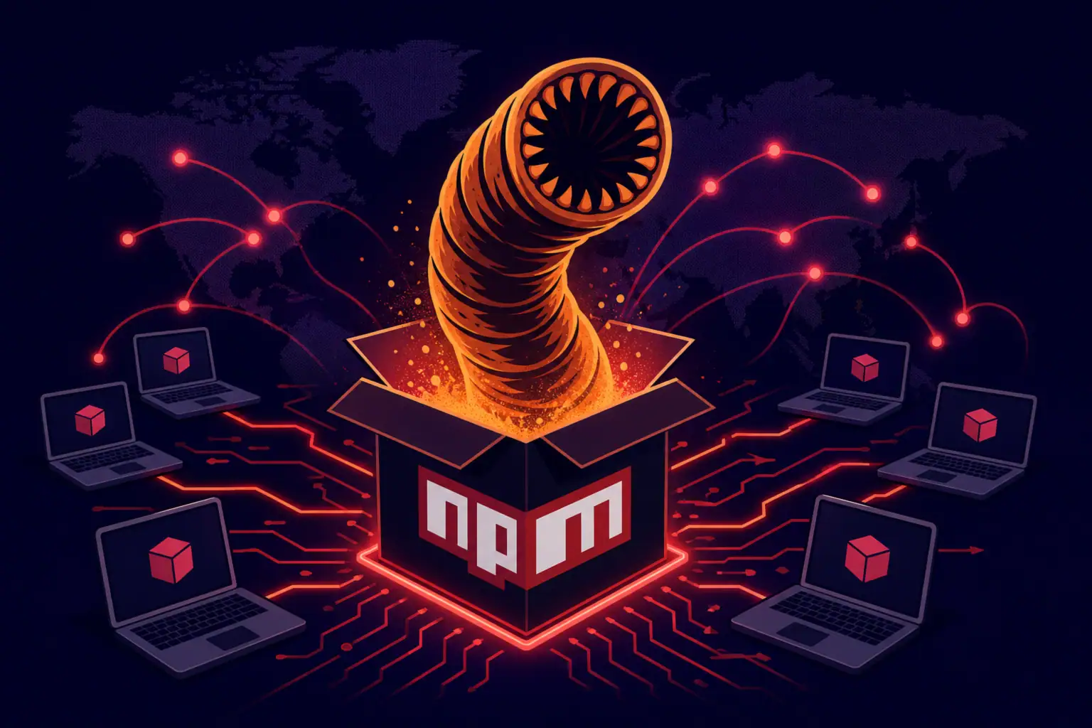 Черв'як виходить з коробки npm, оточений комп'ютерами, що ілюструє загрозу.