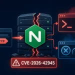 NGINX logo with broken server, illustrating CVE-2026-42945 vulnerability.