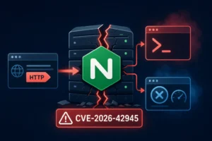 NGINX logo with broken server, illustrating CVE-2026-42945 vulnerability.