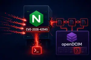 NGINX-Logo mit Hinweis auf CVE-2026-42945 und openDCIM-Symbol.