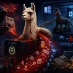 Dark digital art featuring a llama surrounded by data streams and a mysterious figure.