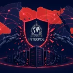 INTERPOL shield with cyber servers and MENA map highlighting disrupted crime.
