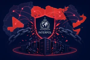 INTERPOL shield with cyber servers and MENA map highlighting disrupted crime.