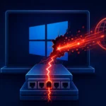 Grafik zeigt einen Computer mit Windows-Logo und Netzwerkanschluss, unterbrochen von Rissen.